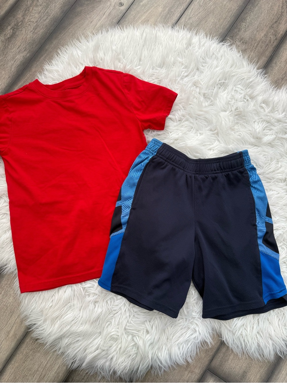 Champion Boys Blue Athletic Shorts with Blue Side Panels & Red T-shirt